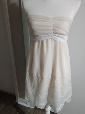 PENCEY Strapless Cream Chiffon Scallop-Trim Dress